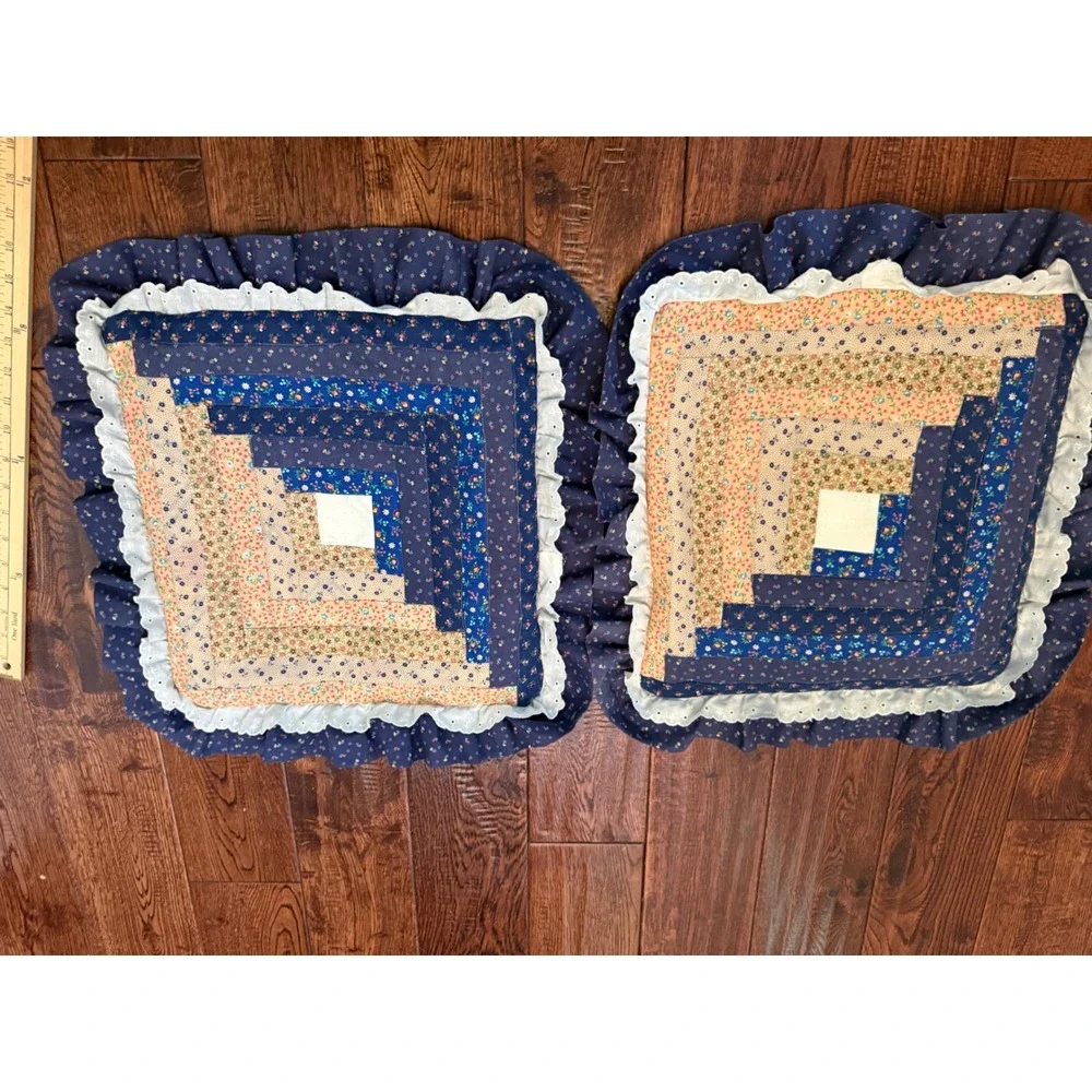 Vintage 1970's Log Cabin Quilt Pillows cover  Pair Handmade  Ruffle Cottagecore